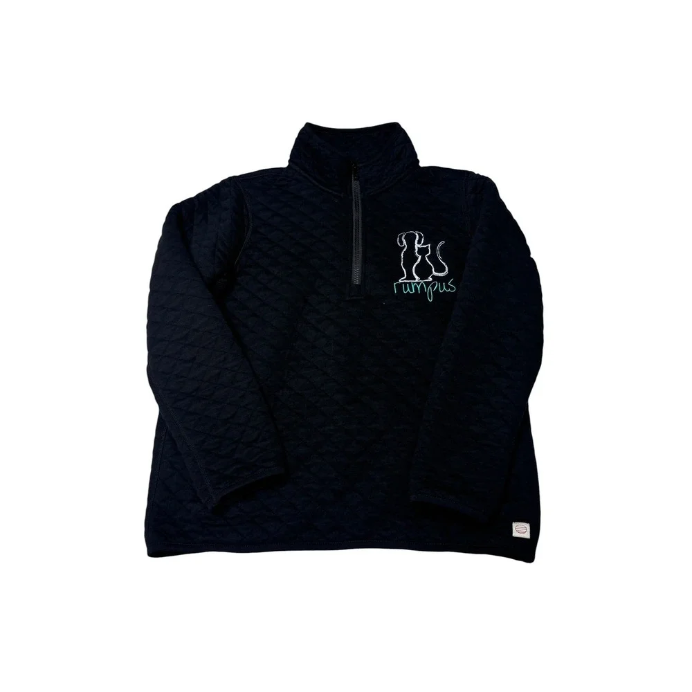 Marine Layer Mens‎ Small Quilted Quarter Zip Pullover Black Rumpus Dog Cat Logo